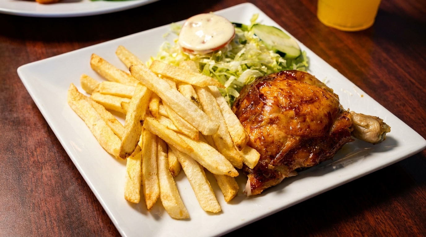 A plate of roasted chicken, golden fries, and a fresh side salad with dressing.