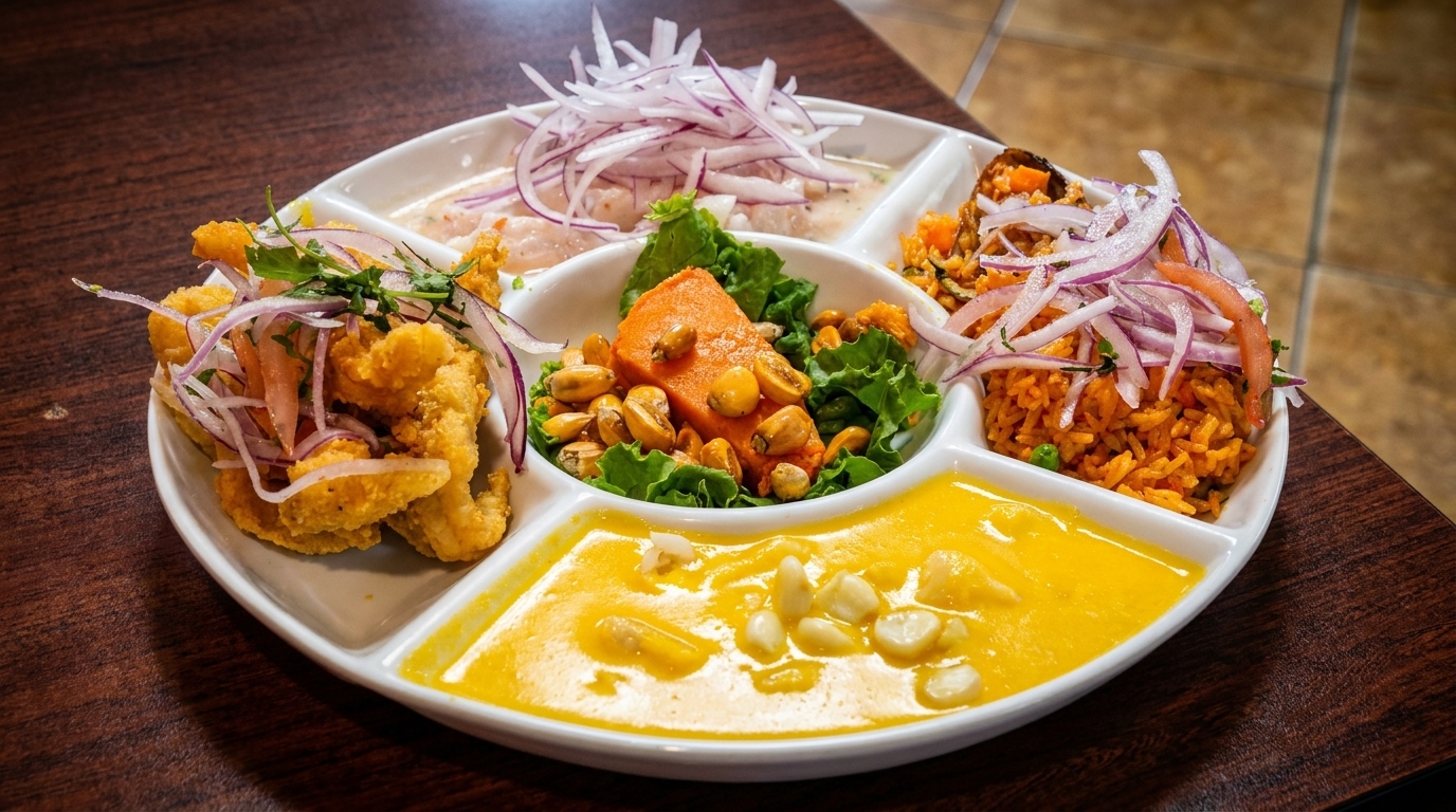 A white platter with five sections of Peruvian food, including ceviche, fried seafood, and rice.