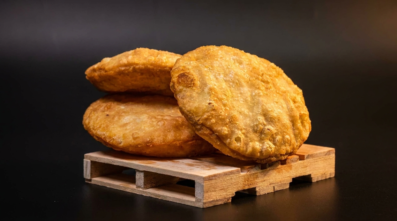Three golden-brown fried pastries, possibly kachori or empanadas, stacked on a miniature wooden pallet.