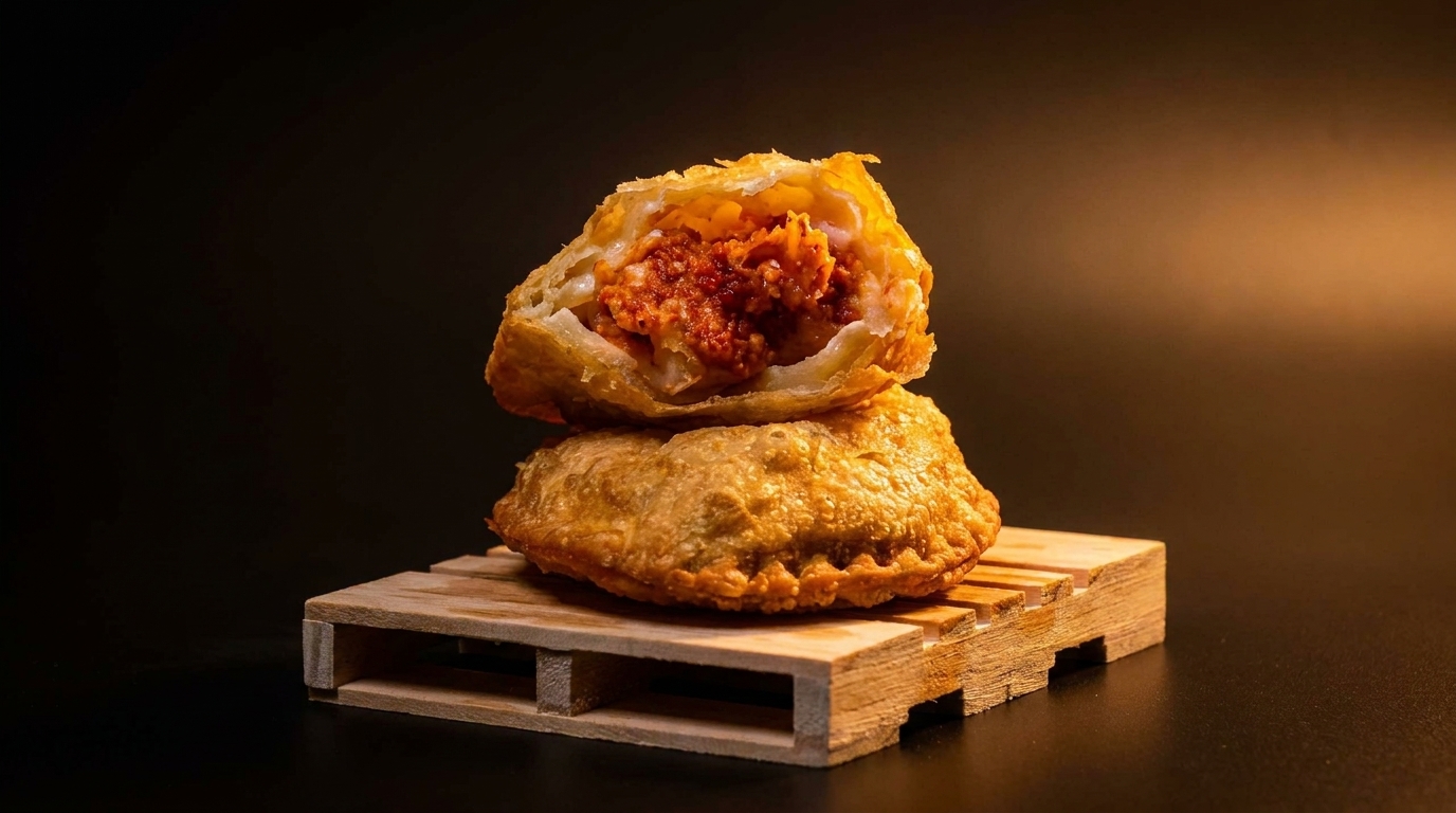 Two golden-brown empanadas on a wooden pallet, one cut open revealing a savory red filling.