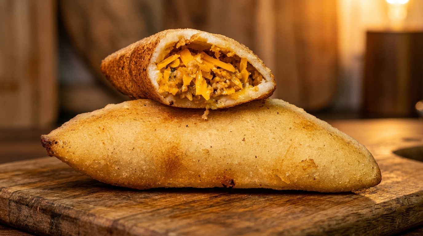 Two golden-brown empanadas on a wooden board, one cut open revealing a cheesy, savory filling.