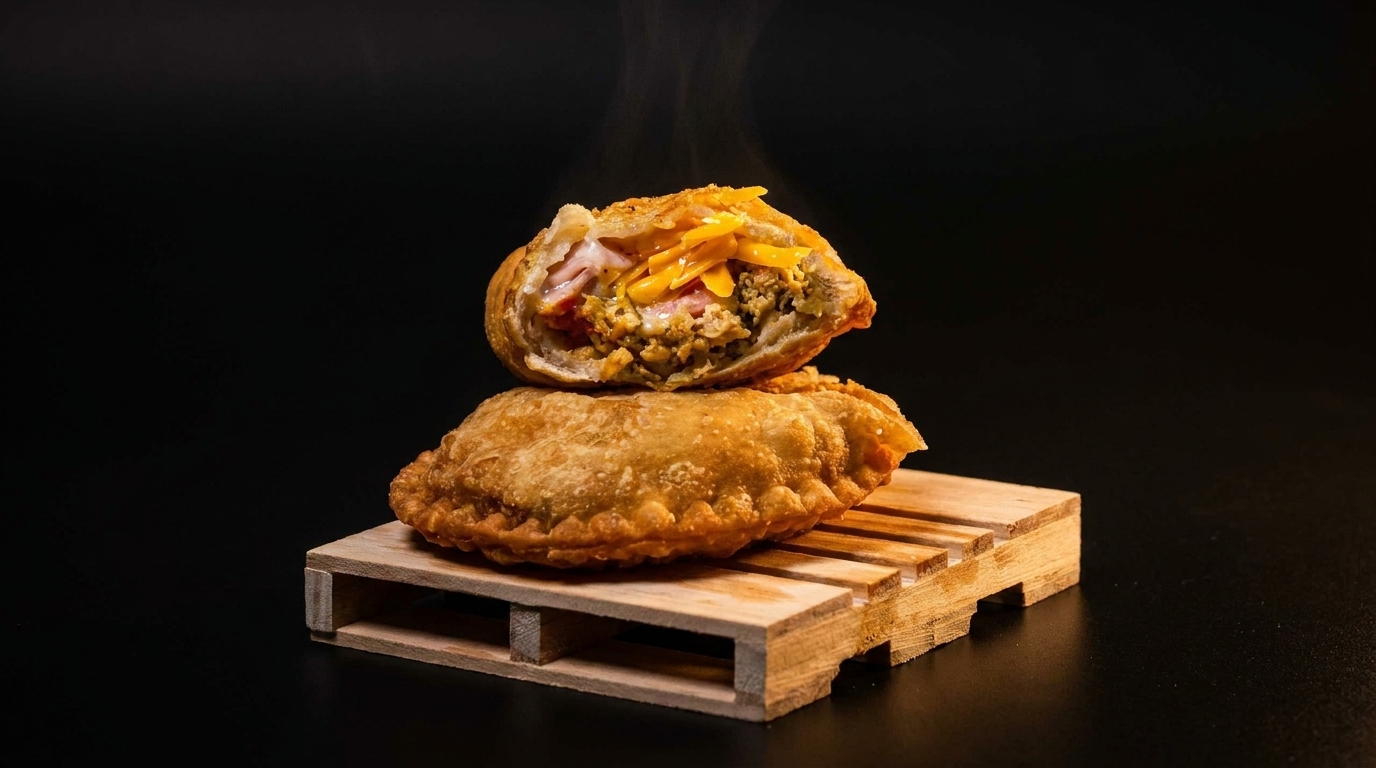 Two golden-brown empanadas on a wooden pallet, one cut open revealing a savory filling.