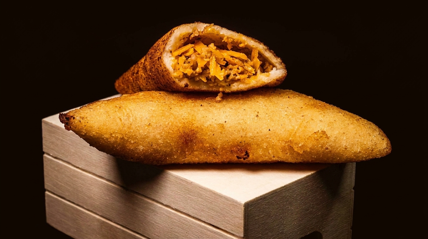 Two golden-brown fried empanadas on a light wooden block, one cut open revealing a cheesy filling.