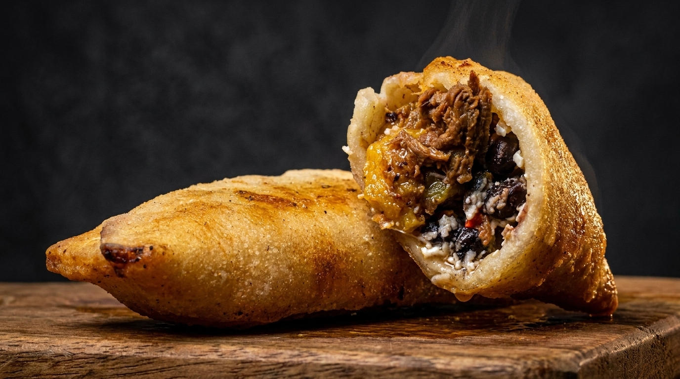 Two golden-brown, steaming empanadas on a wooden board, one cut open revealing a savory filling.