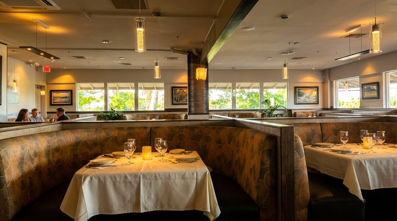 A restaurant dining room with upholstered booths, set tables, and large windows overlooking greenery.