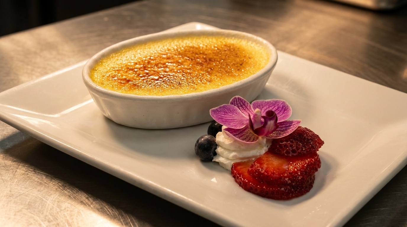 Crème brûlée in a white ramekin, garnished with berries, whipped cream, and an orchid.