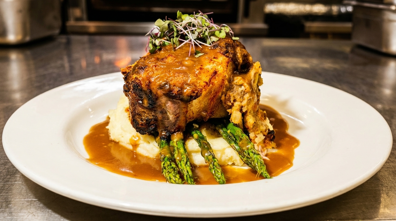 Braised short rib with gravy, mashed potatoes, asparagus, and microgreens on a white plate.