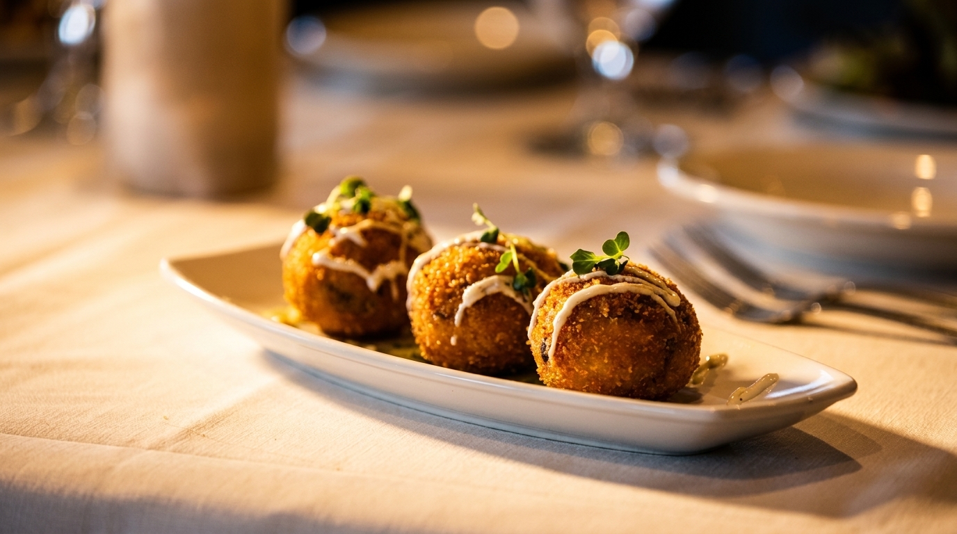 Three golden-brown arancini balls drizzled with white sauce and garnished with microgreens on a white plate.
