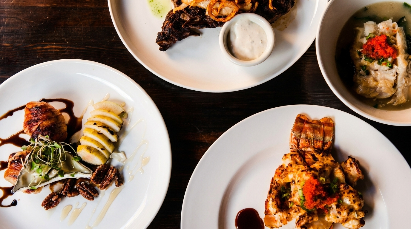Overhead view of four gourmet dishes, including lobster, steak, and a pear appetizer.