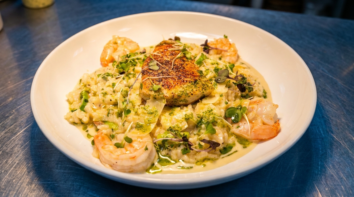 Grilled fish and shrimp over creamy risotto with green sauce and microgreens in a white bowl.