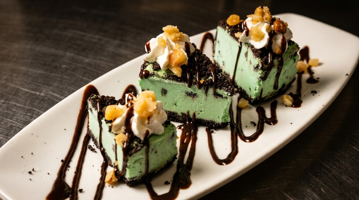Three slices of mint cheesecake with chocolate cookie crust, whipped cream, and chocolate drizzle.