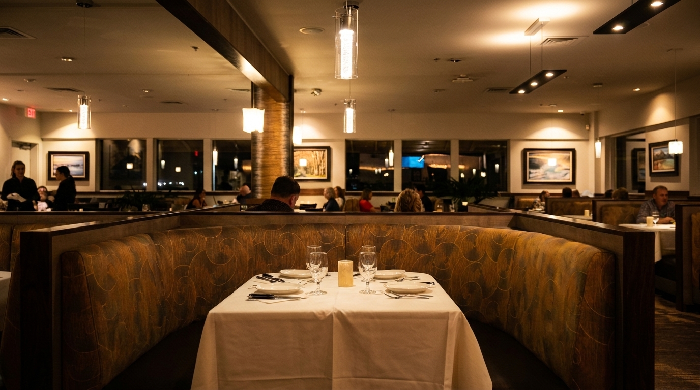 A restaurant interior with a set table in a booth, and other patrons dining in the background.