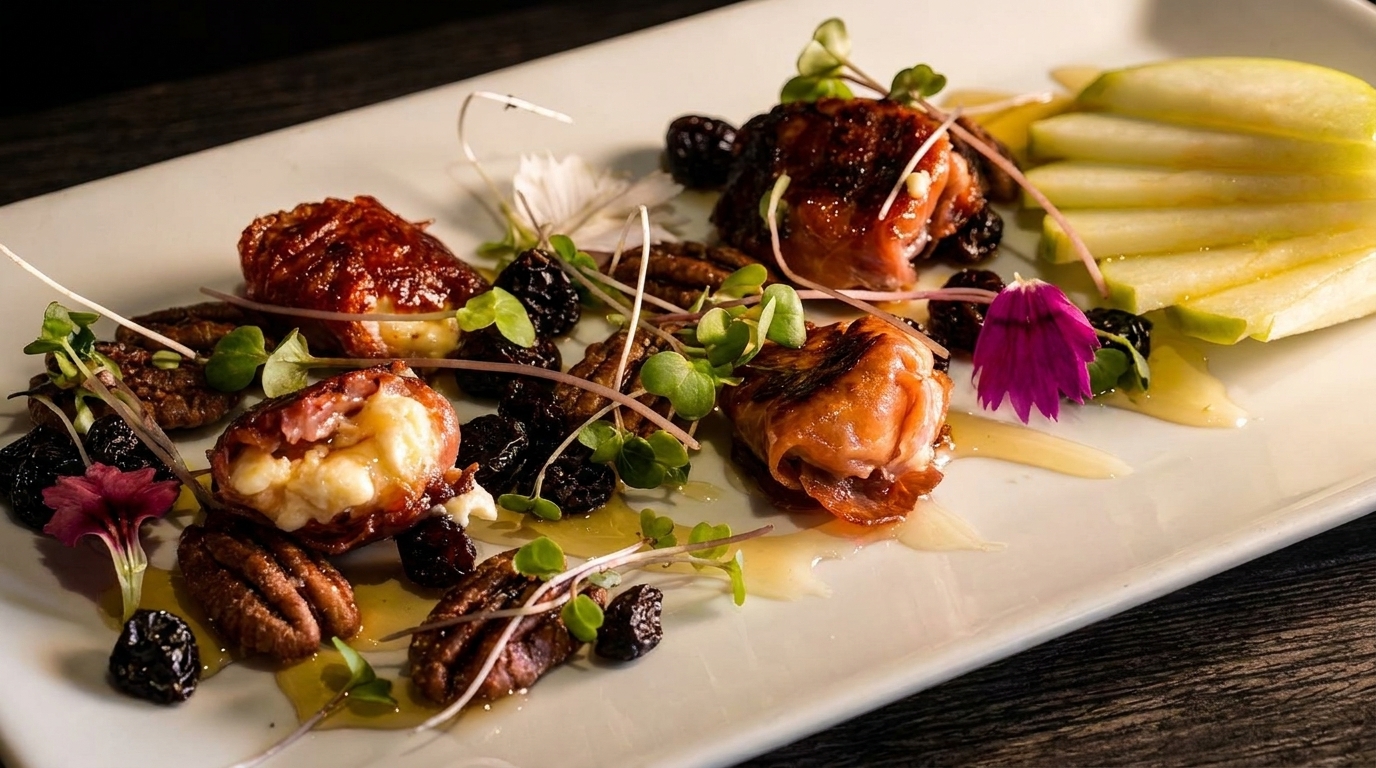 Prosciutto-wrapped goat cheese with pecans, dried fruit, microgreens, and apple slices on a white plate.