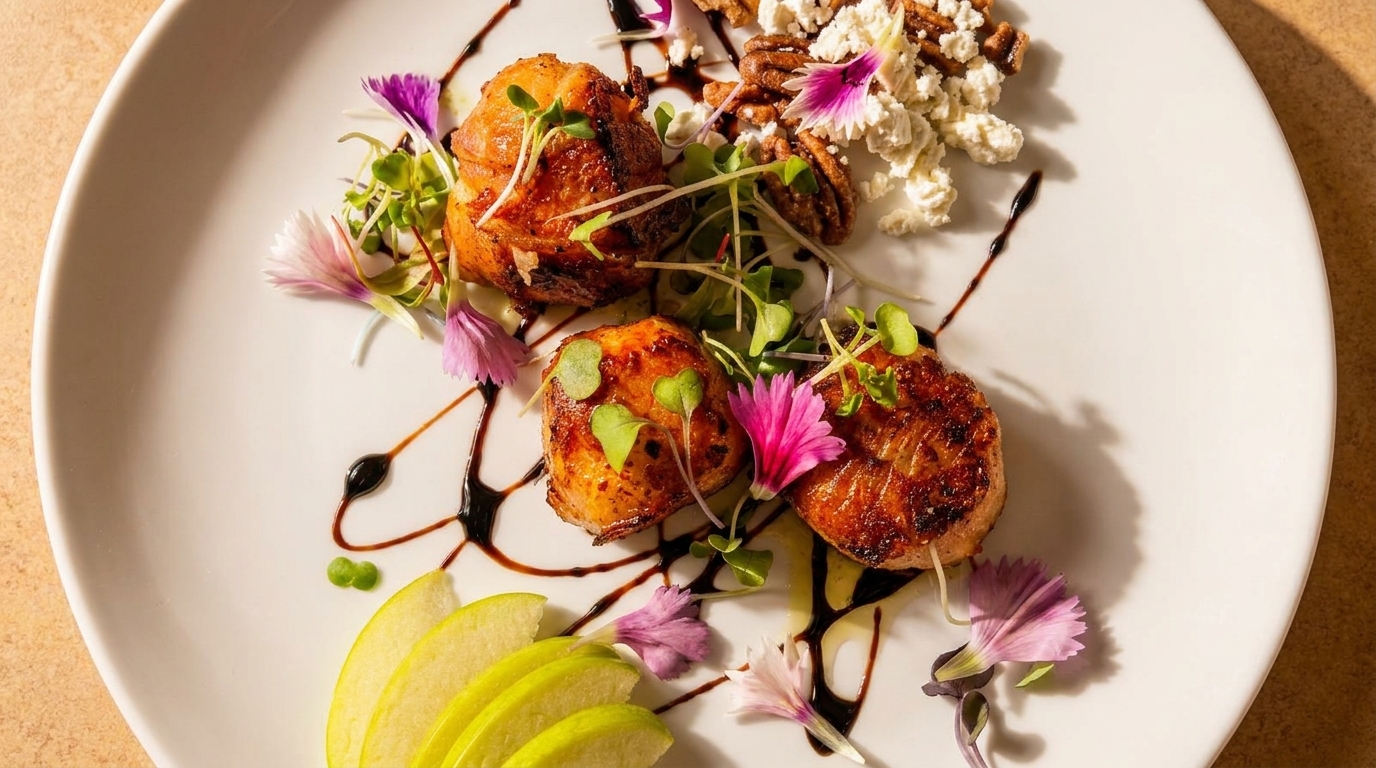 Seared scallops with microgreens, edible flowers, balsamic glaze, goat cheese, pecans, and sliced apples.