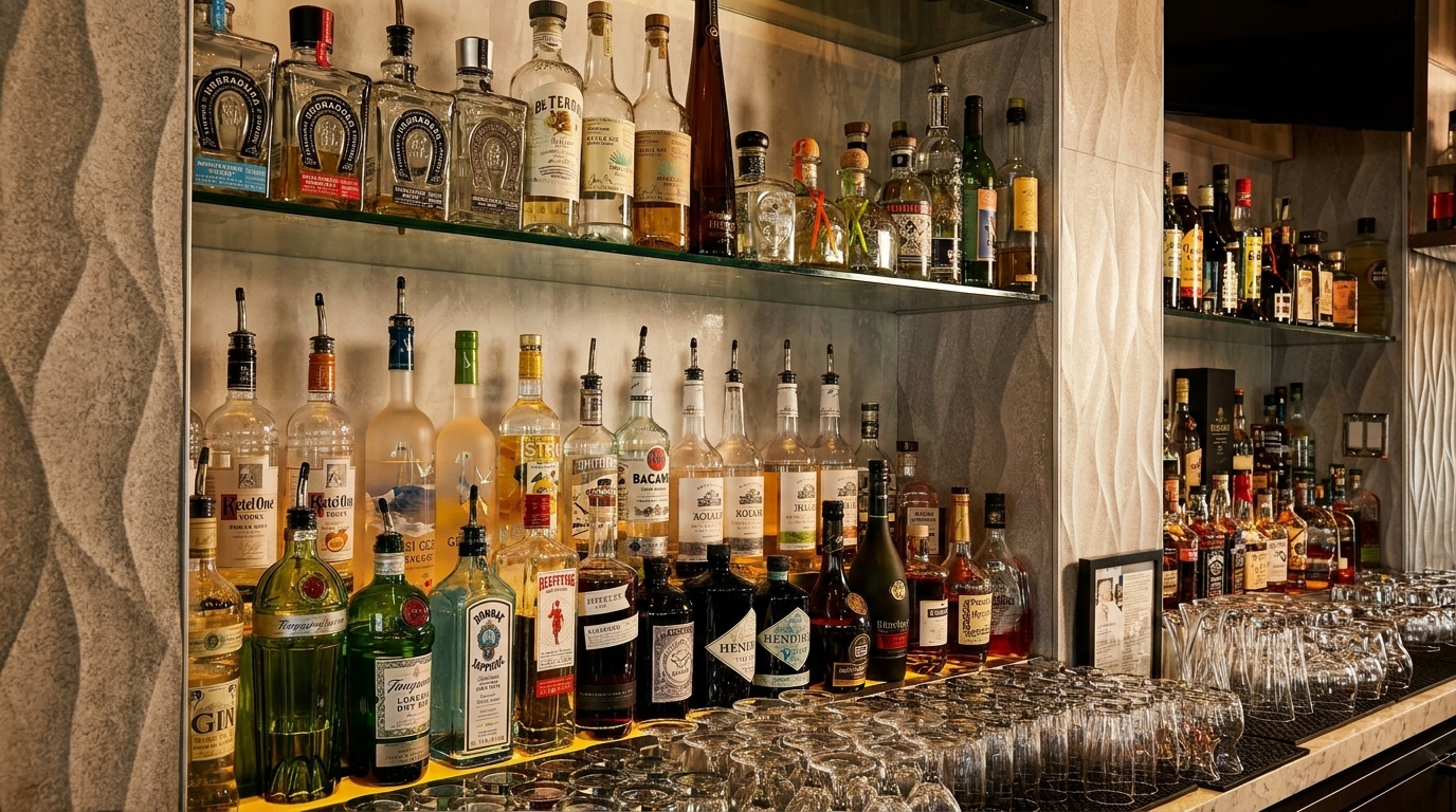 A well-stocked bar with various liquor bottles on shelves and rows of empty glasses below.