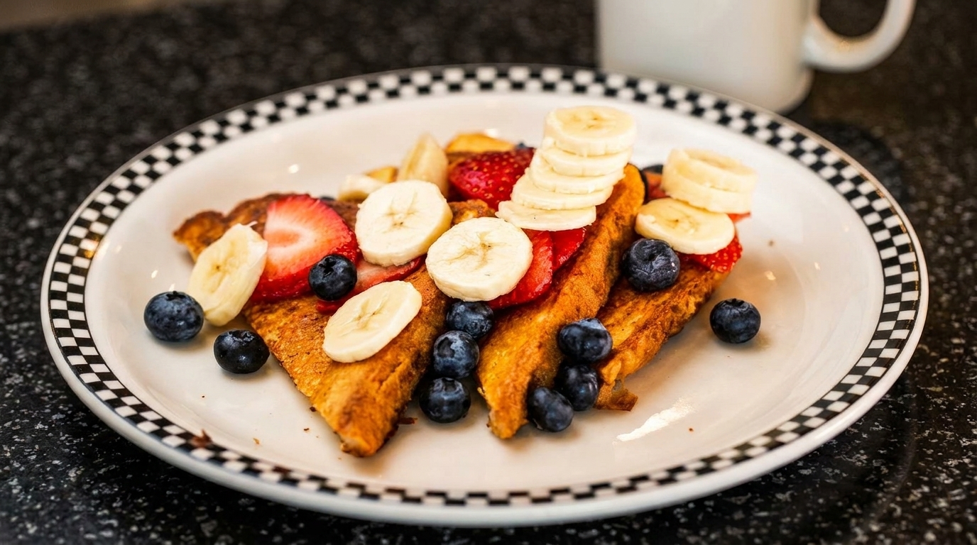 Golden French toast topped with sliced bananas, strawberries, and blueberries on a checkered plate.