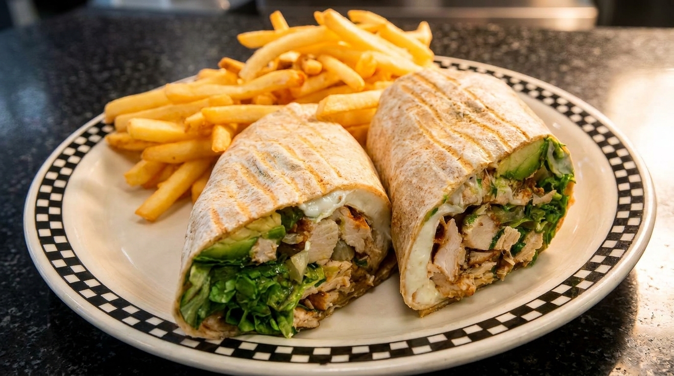 Grilled chicken and avocado wraps, cut in half, served with a side of golden french fries.