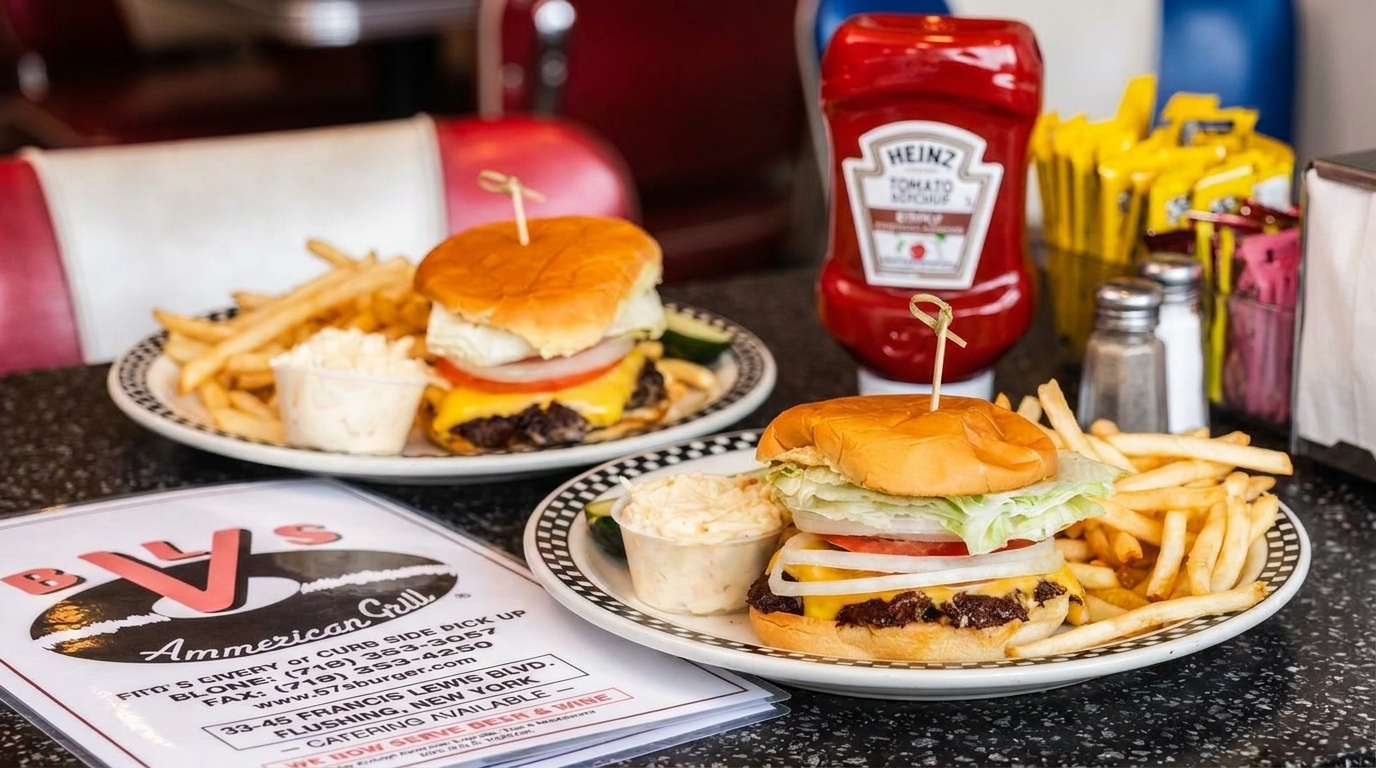 Two cheeseburger platters with fries and coleslaw, ketchup, and a menu on a diner table.