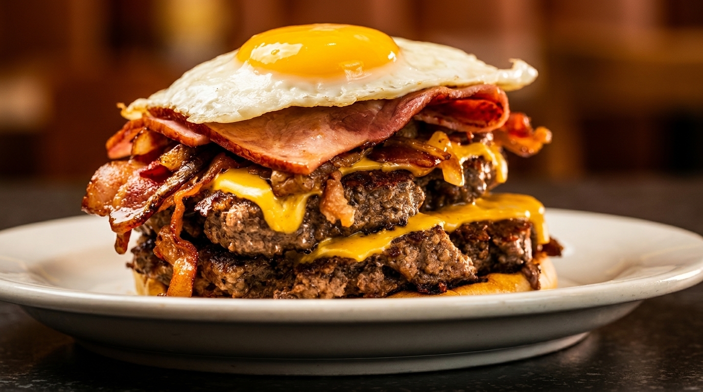 A towering double cheeseburger with bacon, ham, and a fried egg on a white plate.