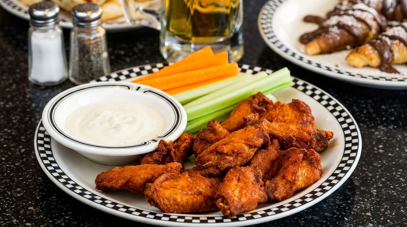 Crispy chicken wings with ranch dip, celery, and carrots on a checkered plate, with beer and pastries.