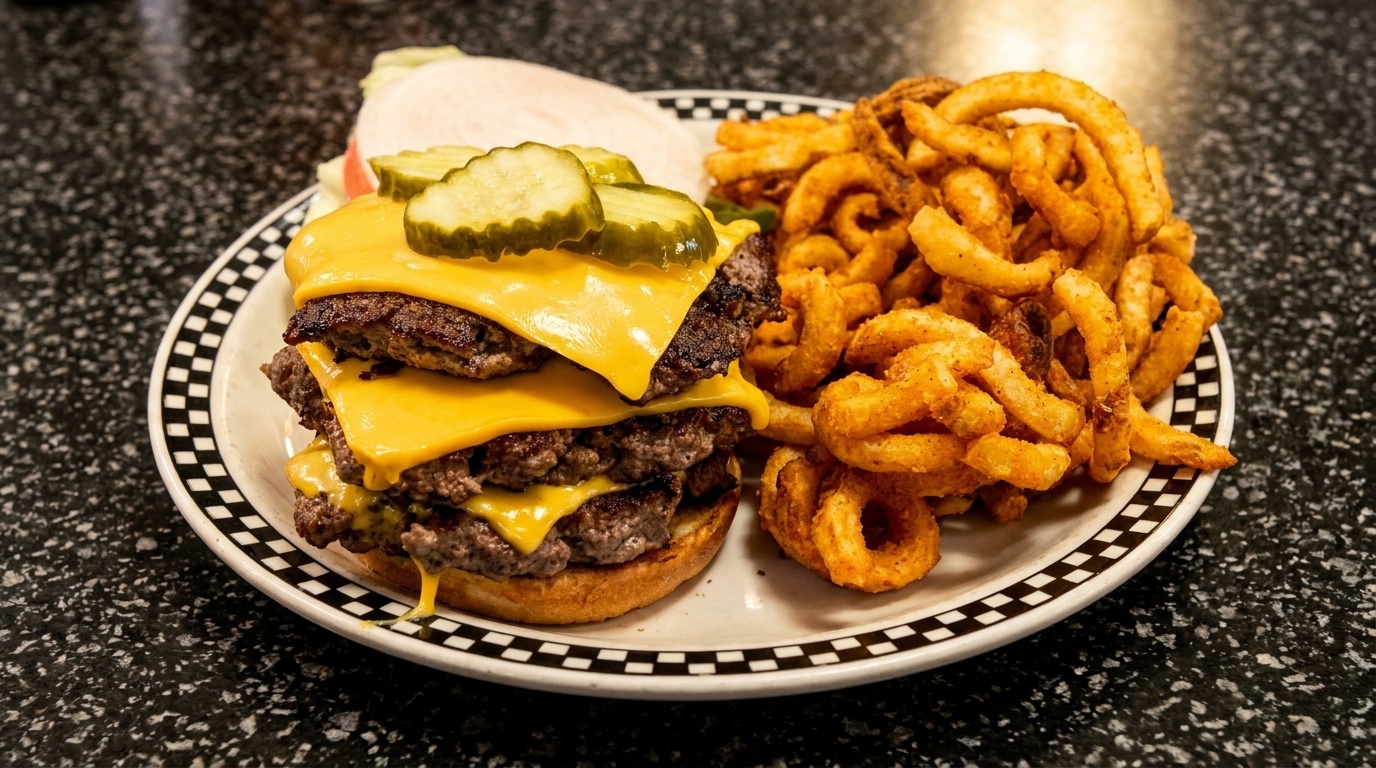 Triple cheeseburger with pickles and curly fries on a checkered plate at a diner.