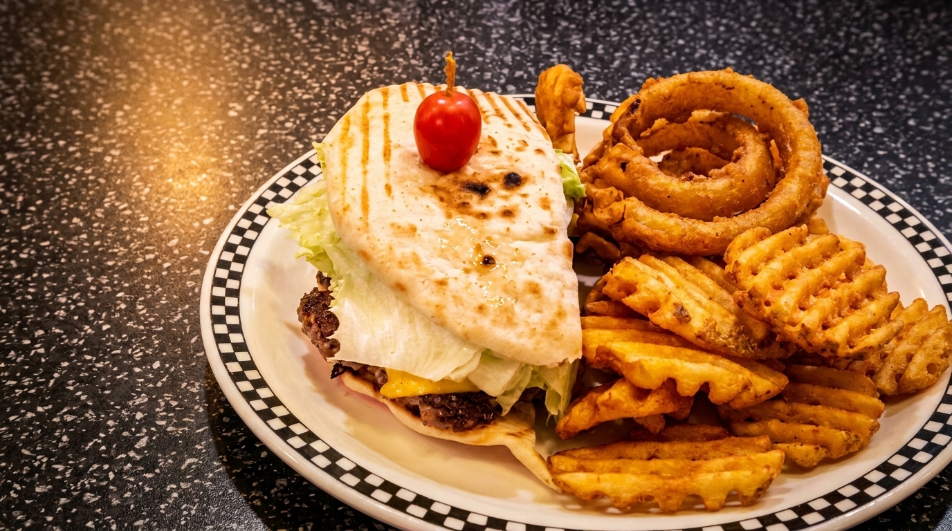 Grilled pita burger with cheese and lettuce, served with waffle fries and onion rings on a checkered plate.