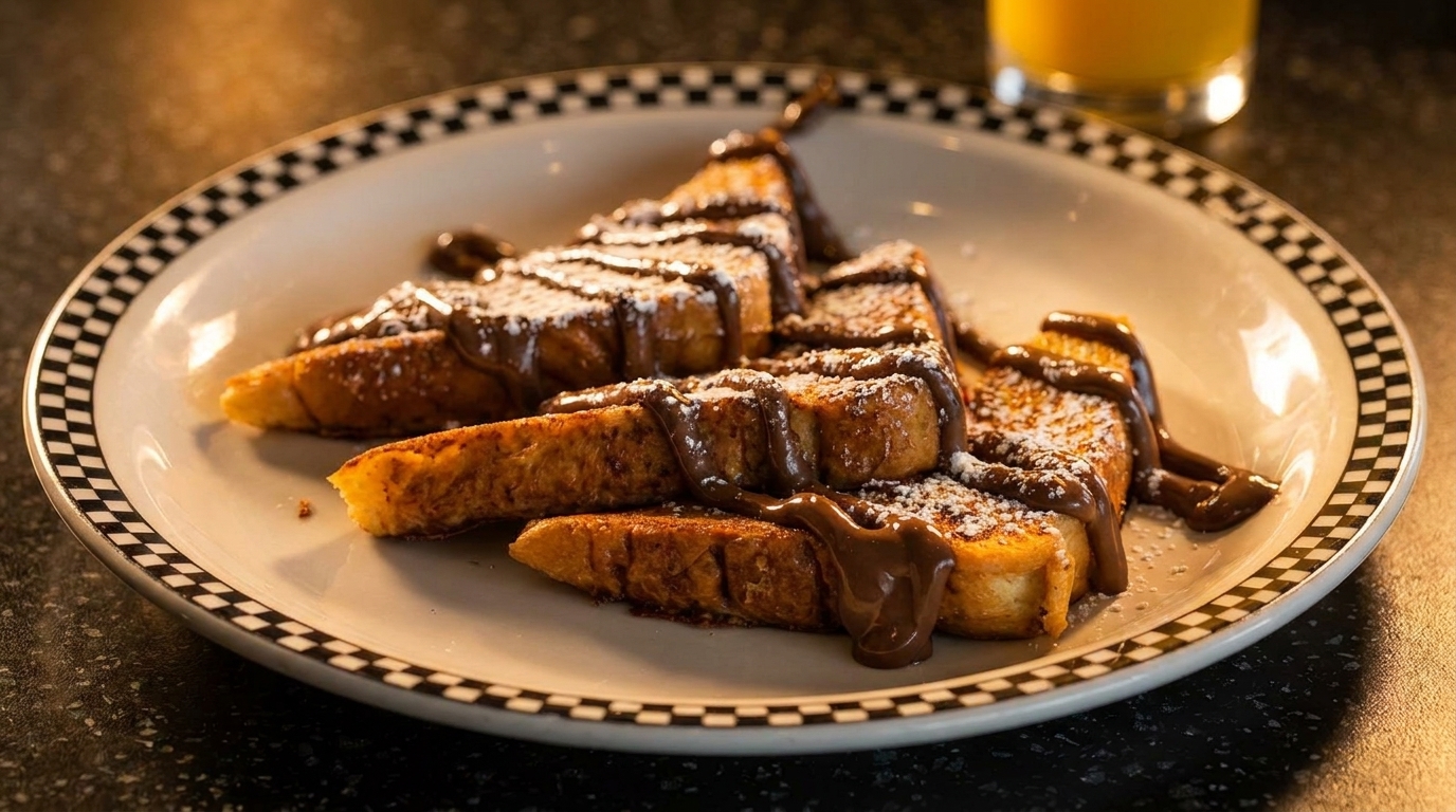 Golden French toast triangles drizzled with chocolate sauce and powdered sugar on a checkered plate.