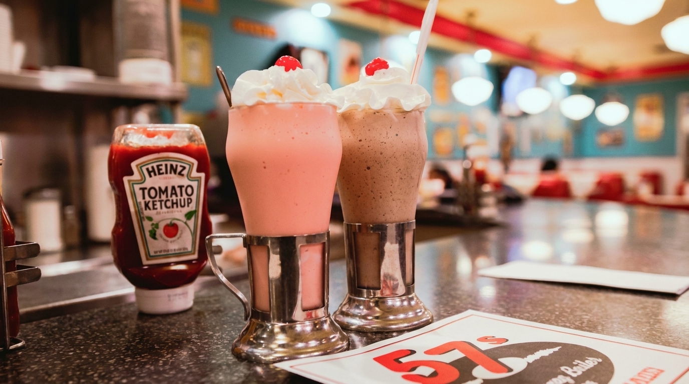 Two milkshakes, one strawberry and one chocolate, with whipped cream and cherries at a diner.