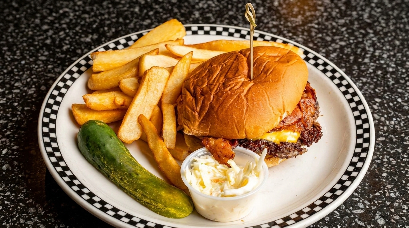 A cheeseburger with bacon, fries, a pickle, and coleslaw on a checkered plate.