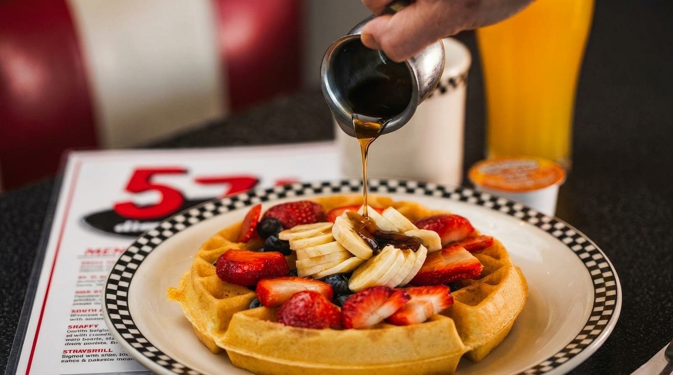 Syrup being poured over a waffle topped with strawberries, blueberries, and bananas at 57 Diner.