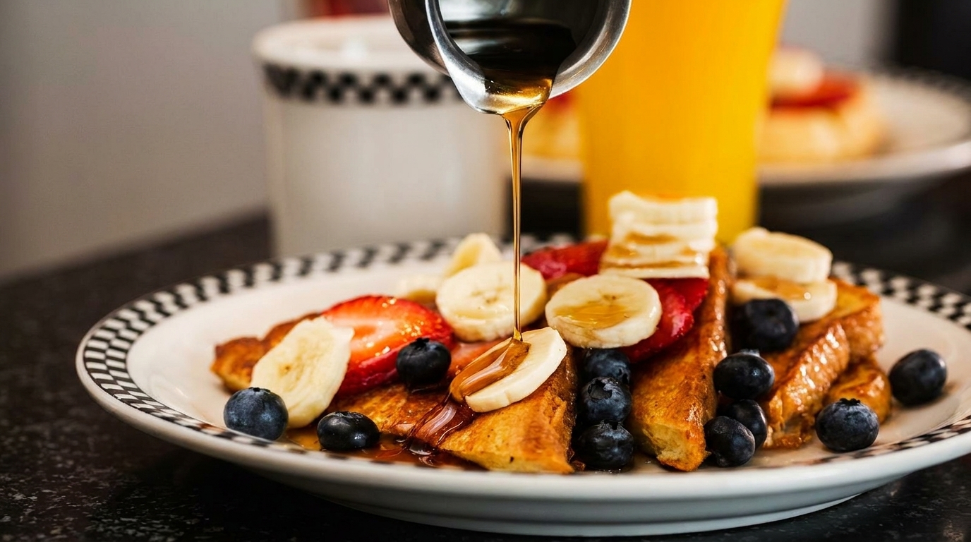 Maple syrup pouring over French toast with strawberries, blueberries, and bananas on a checkered plate.