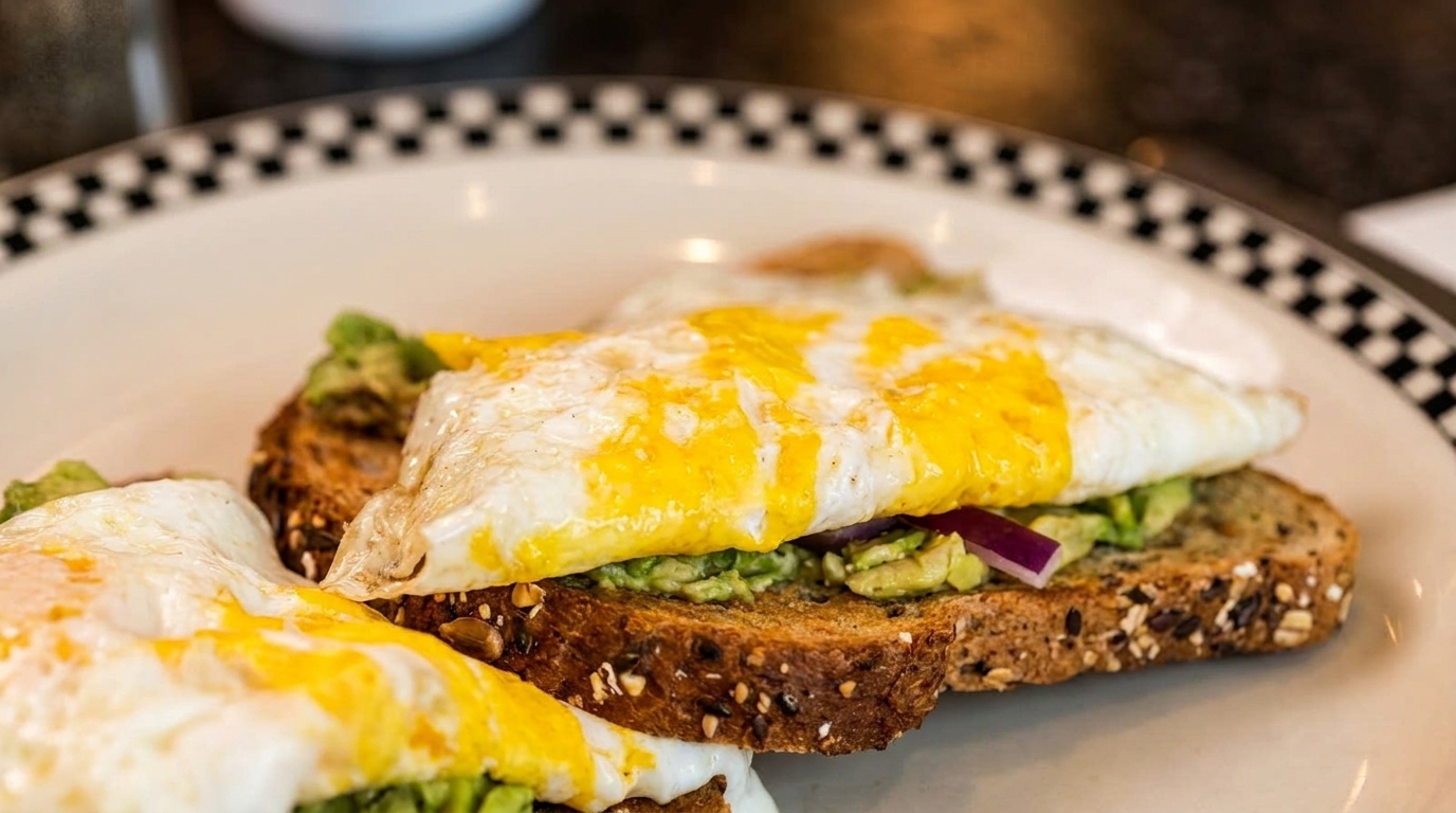 Avocado toast with fried eggs and red onion on a white plate with a checkered rim.