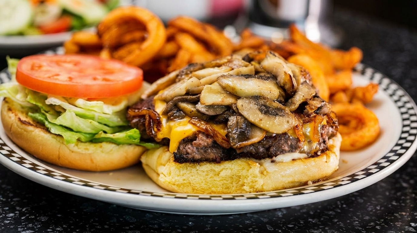 Mushroom and Swiss burger with lettuce, tomato, curly fries, and sweet potato fries on a checkered plate.