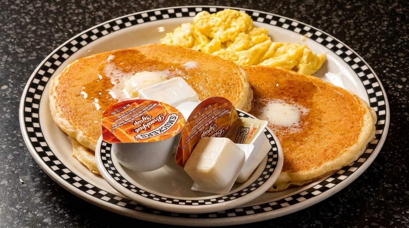 Fluffy pancakes with butter and syrup, alongside scrambled eggs, on a black and white checkered plate.