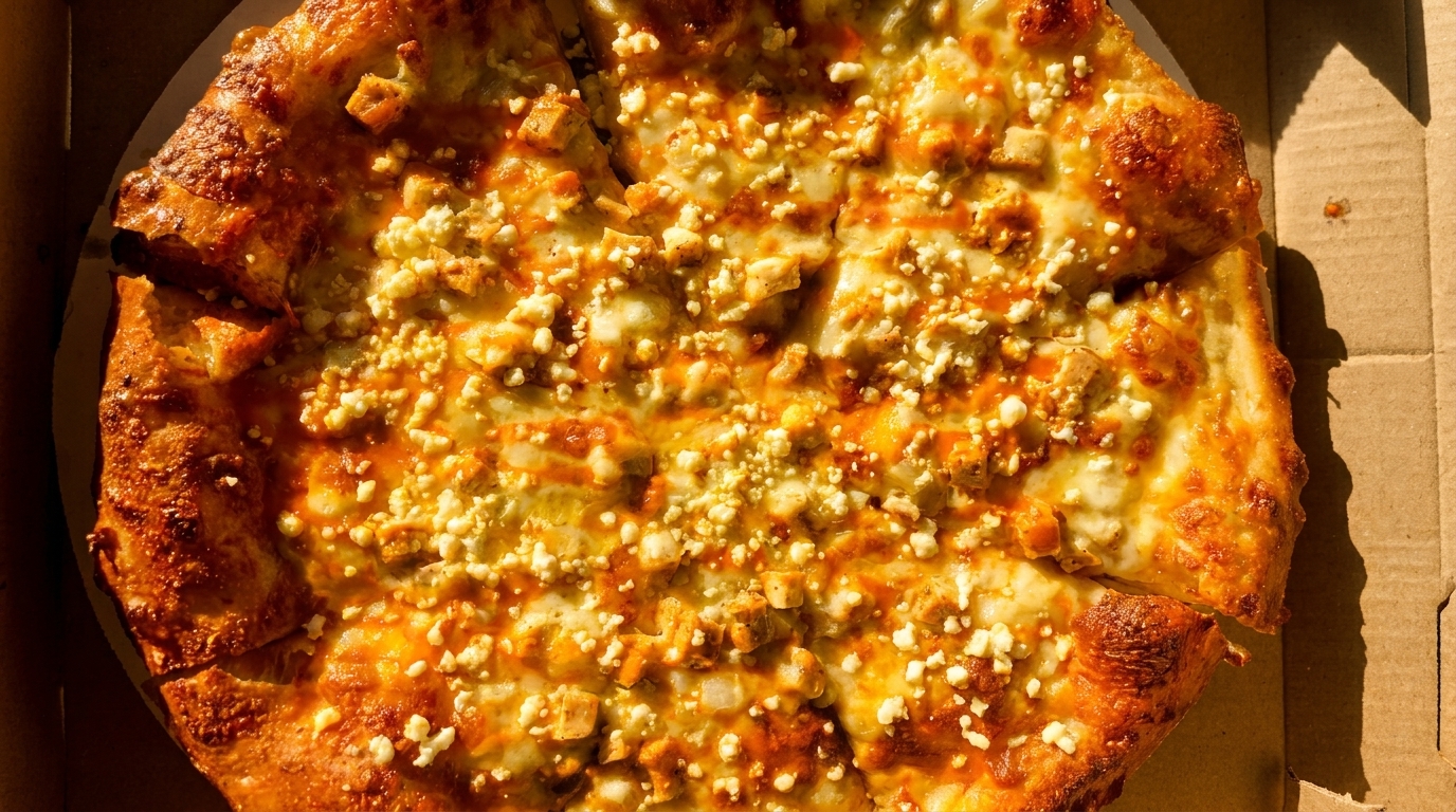 A golden-crusted pizza with melted cheese, chicken, and feta, in a cardboard box.