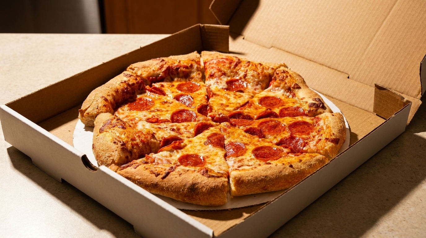 A whole pepperoni pizza with a thick crust, sliced and sitting in an open cardboard box.