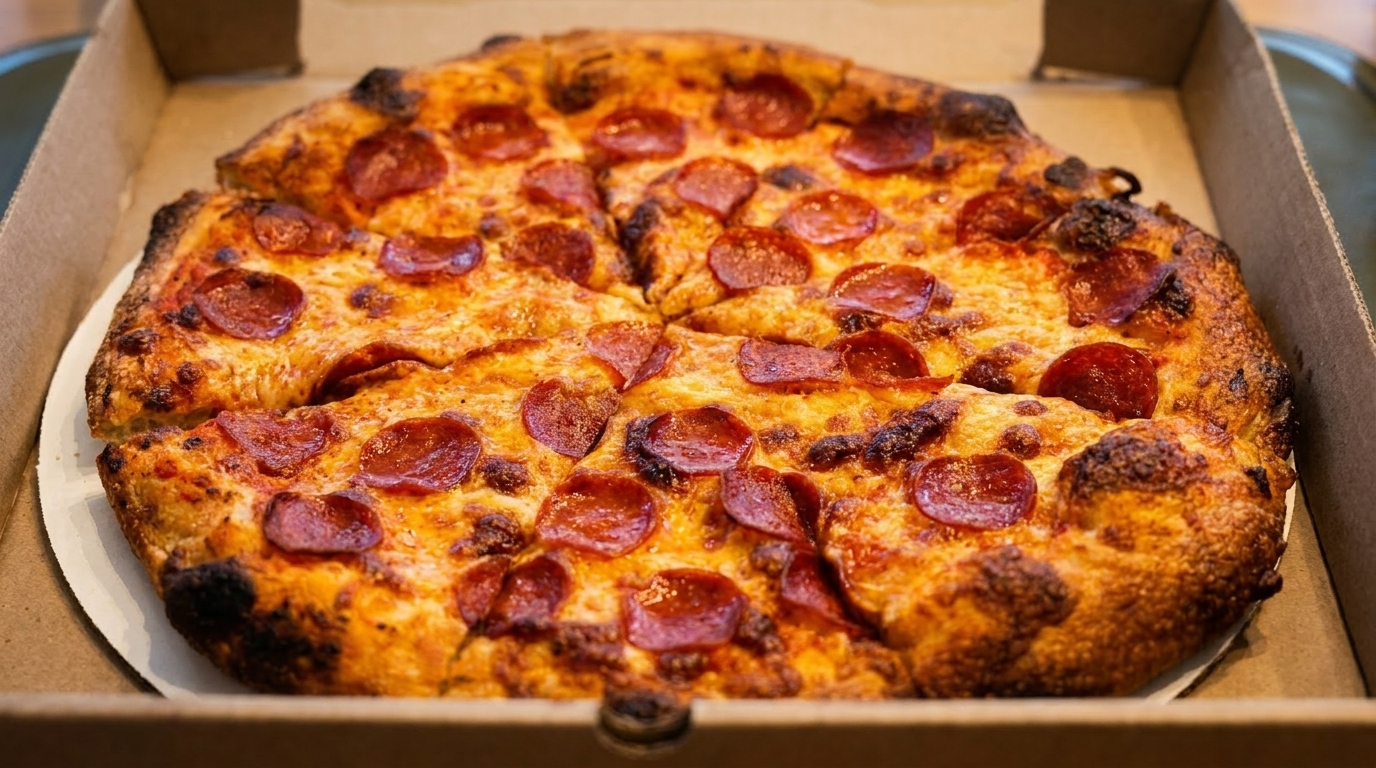 Close-up of a whole pepperoni pizza with a crispy crust, sliced and in a cardboard box.