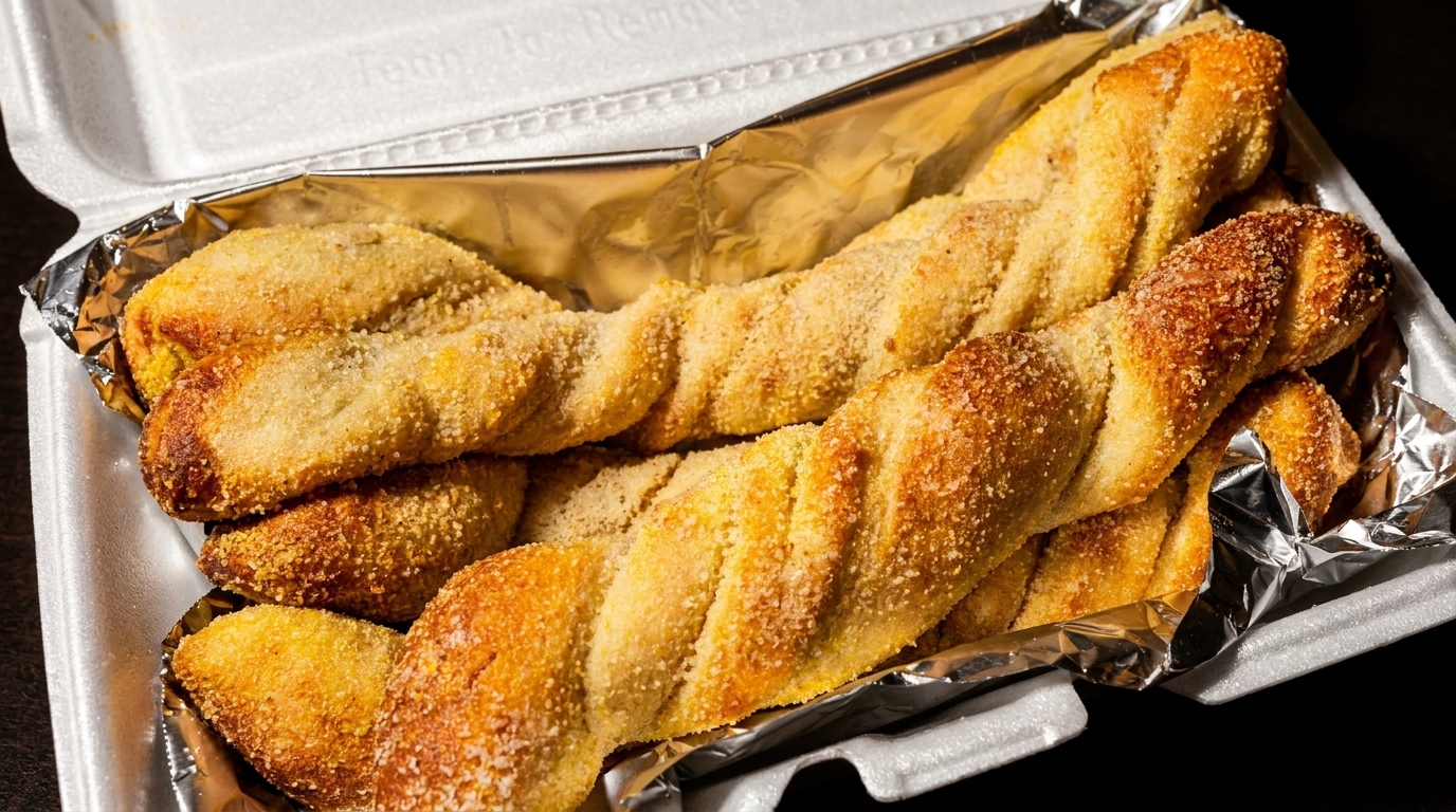 Golden-brown, twisted breadsticks, sprinkled with parmesan cheese, in a white takeout container lined with foil.