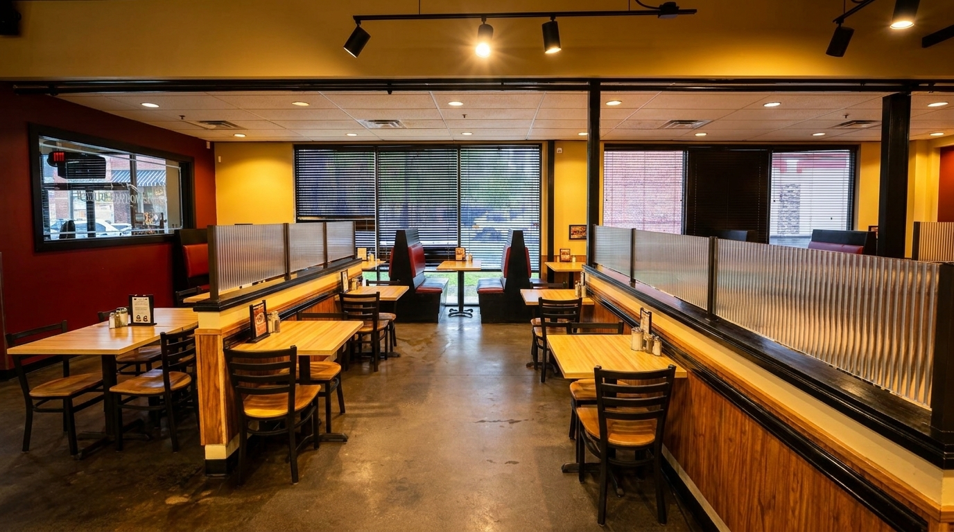 Empty restaurant dining room with booths, tables, and chairs, featuring red and yellow walls.