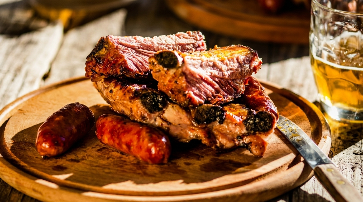 Grilled ribs and sausages on a wooden board with a glass of beer and a knife.