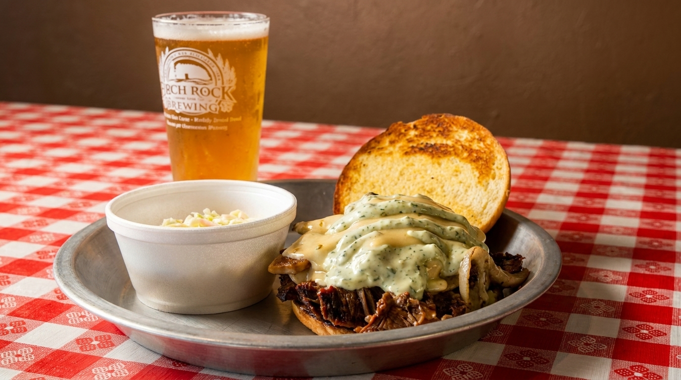 Brisket sandwich with sauce, coleslaw, and a beer on a metal plate over a red and white checkered tablecloth.