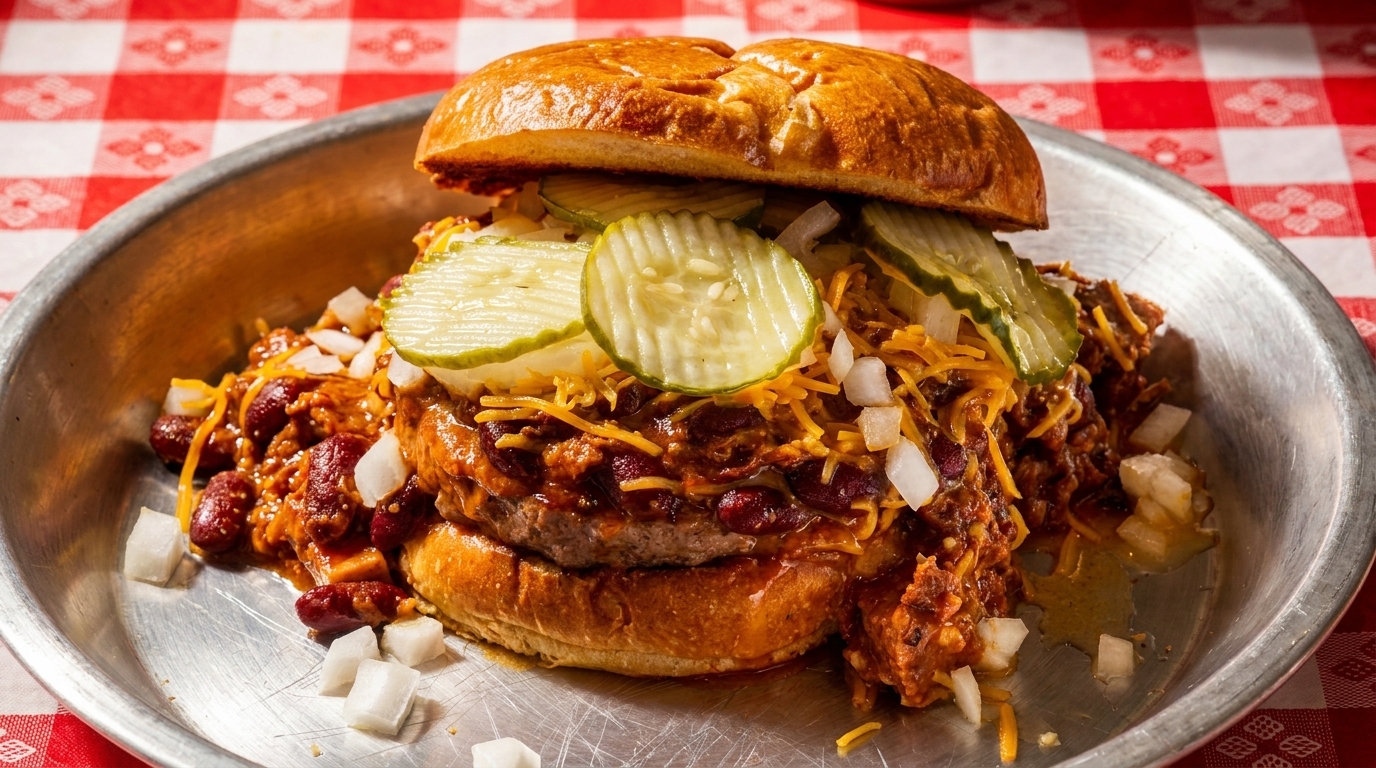A chili cheeseburger with pickles and diced onions on a metal plate, on a red and white checkered tablecloth.