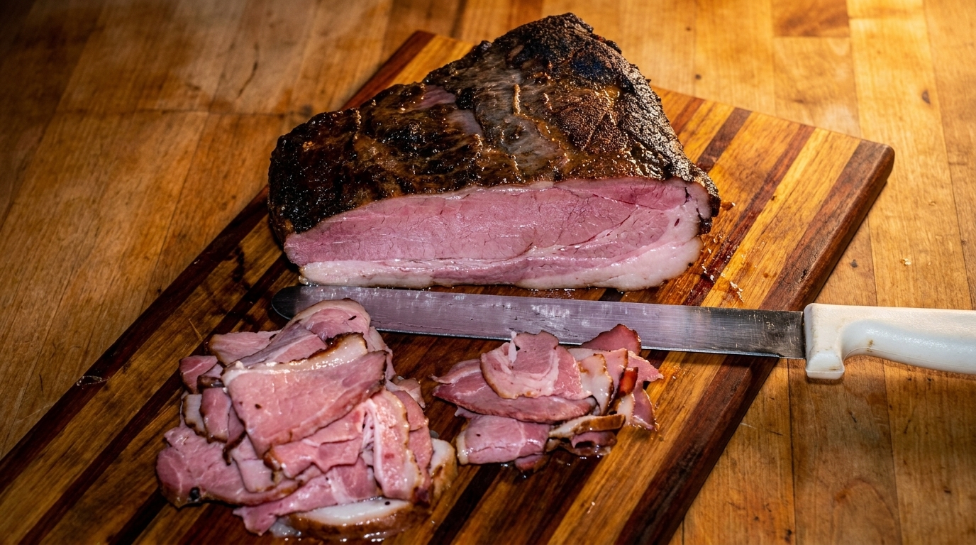 Sliced and unsliced smoked brisket on a wooden cutting board with a carving knife.