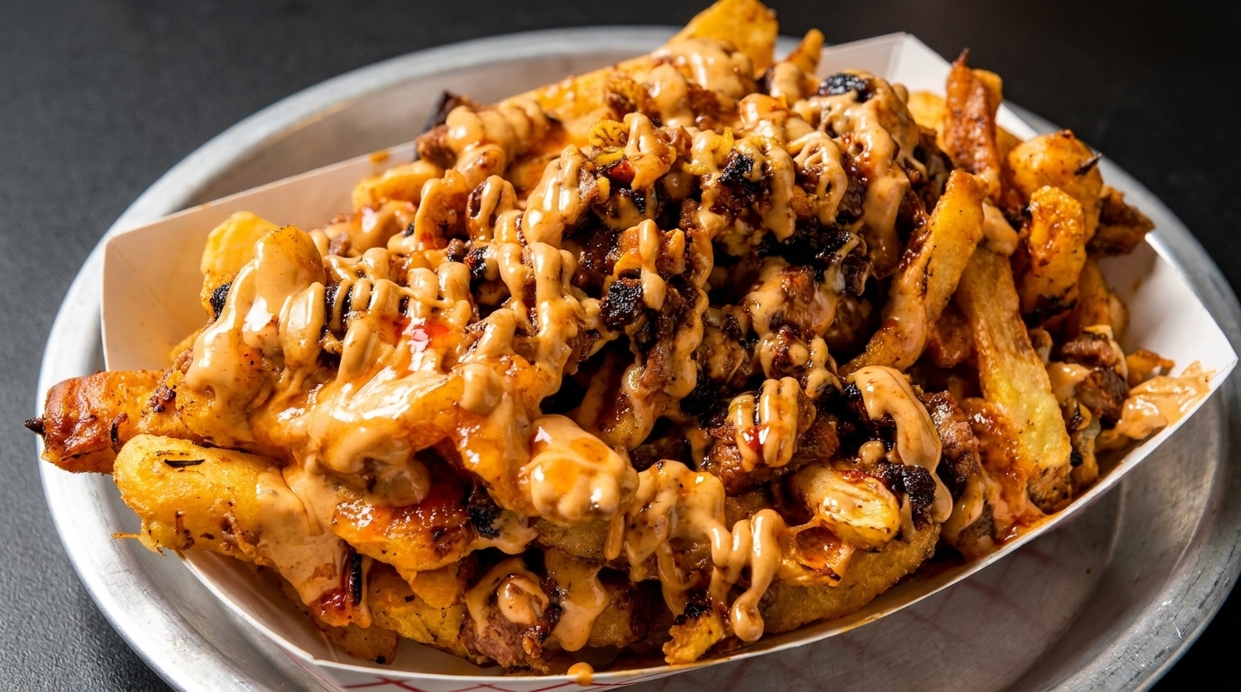 Close-up of golden french fries loaded with savory meat and drizzled with creamy sauce in a paper tray.