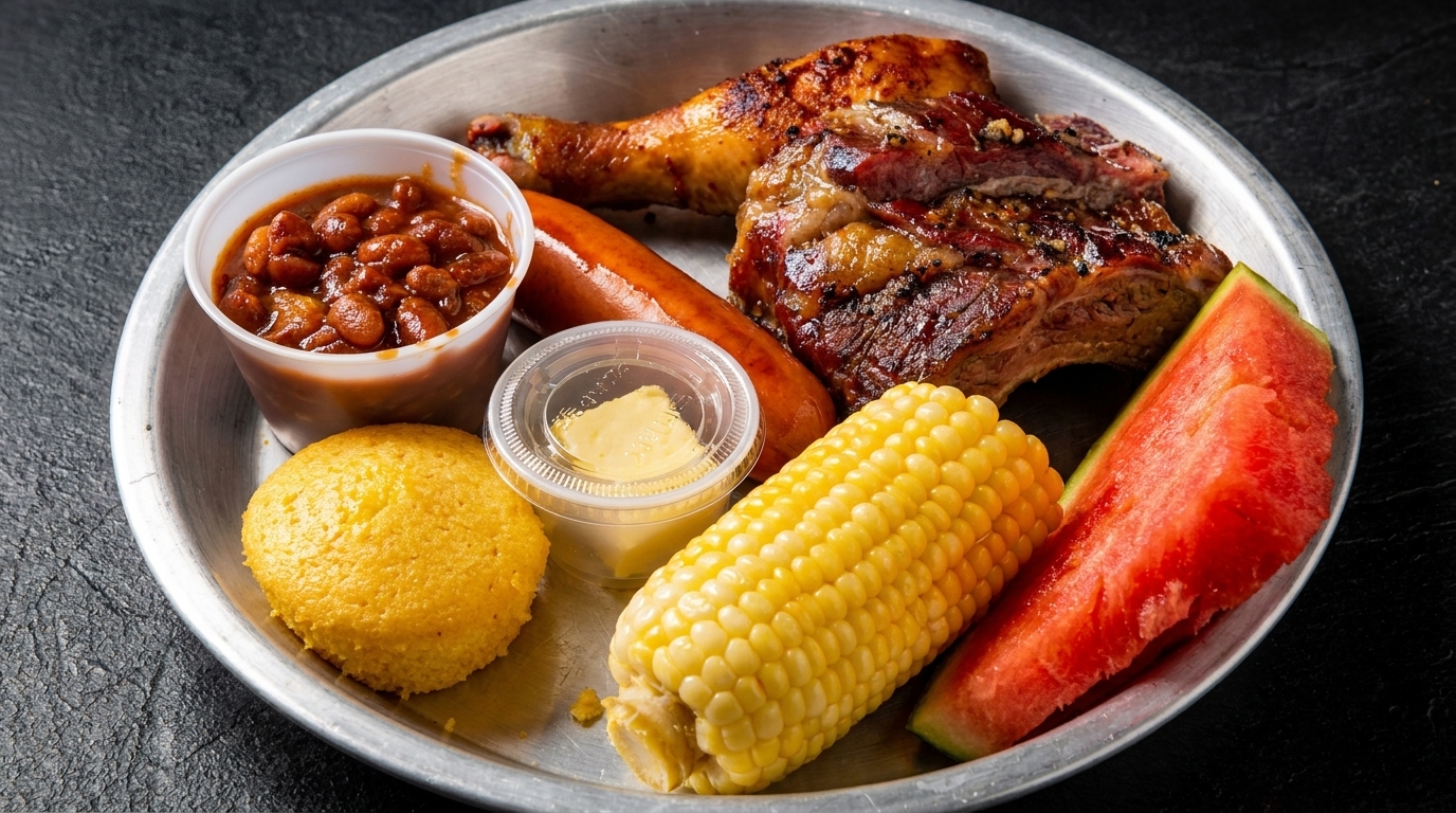 A BBQ platter with ribs, chicken, sausage, baked beans, cornbread, corn on the cob, and watermelon.