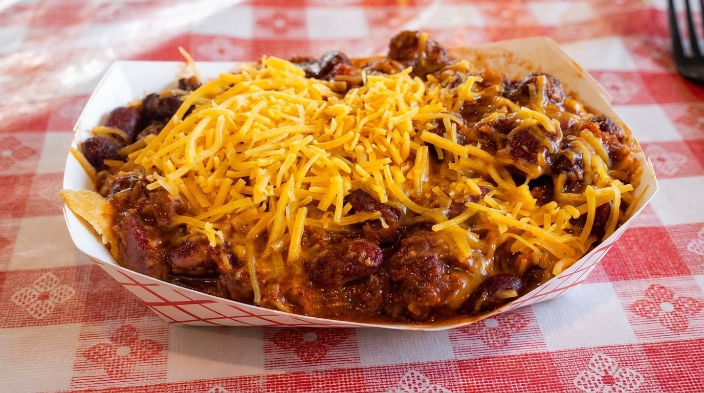 Hearty chili with beans and shredded cheddar cheese in a paper boat on a red and white checkered tablecloth.