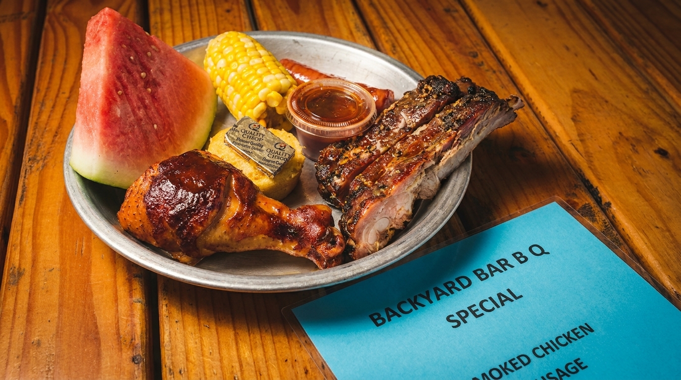 A BBQ platter with ribs, chicken, corn, watermelon, cornbread, and sauce on a wooden table.