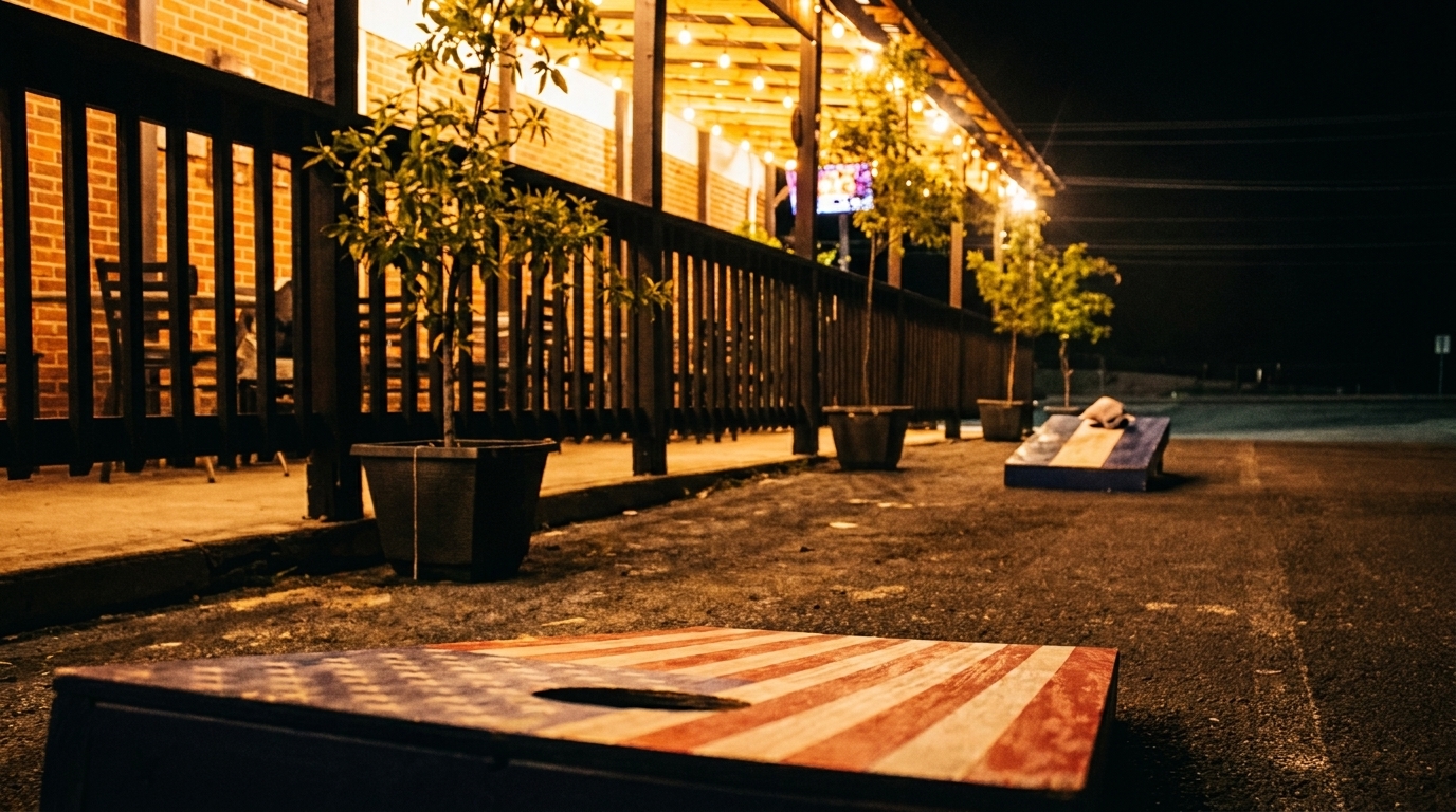 Night view of a restaurant patio with string lights, potted plants, and two cornhole boards.
