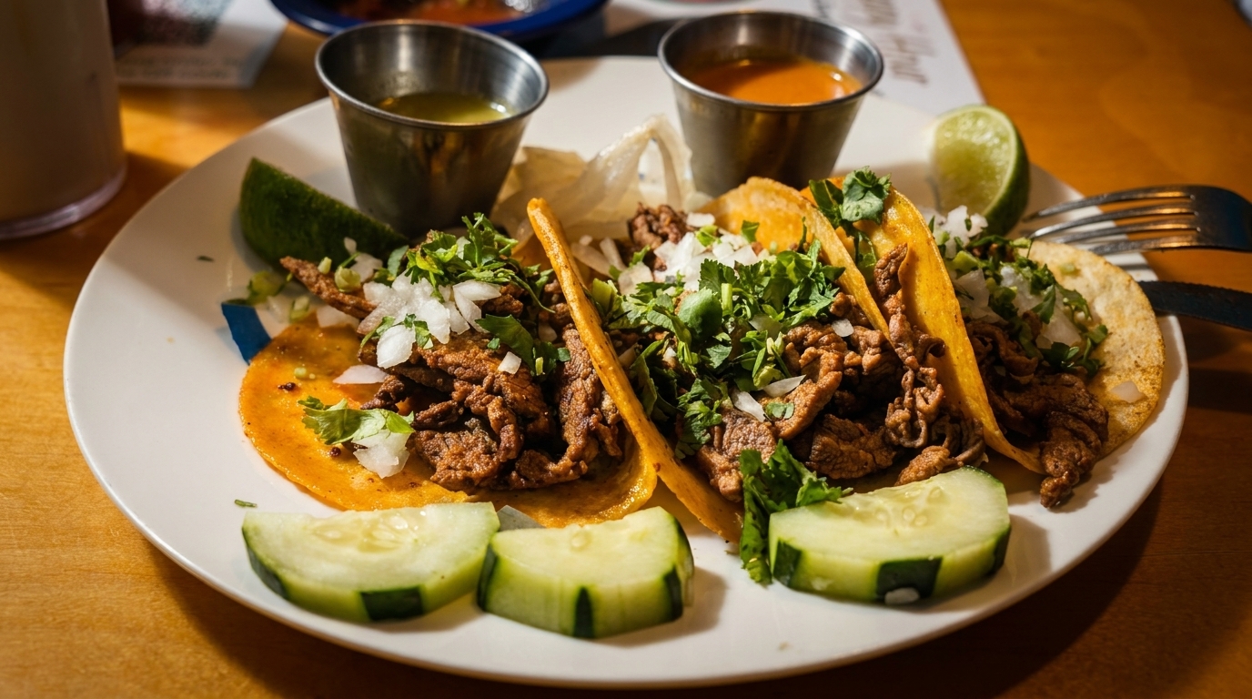 Three street tacos with meat, onions, and cilantro, served with lime, cucumber, and sauces.