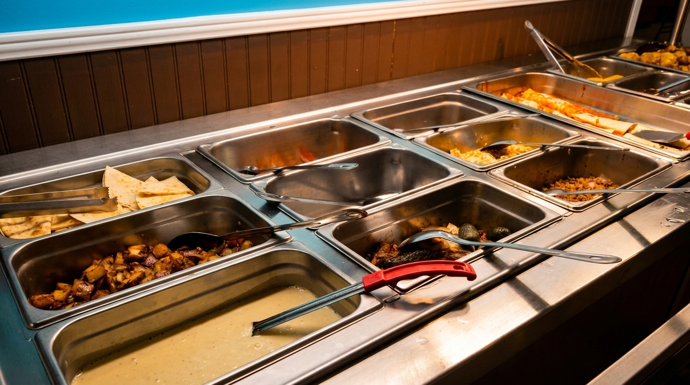 A buffet line with various dishes in metal trays, including tortillas, potatoes, and sauces.